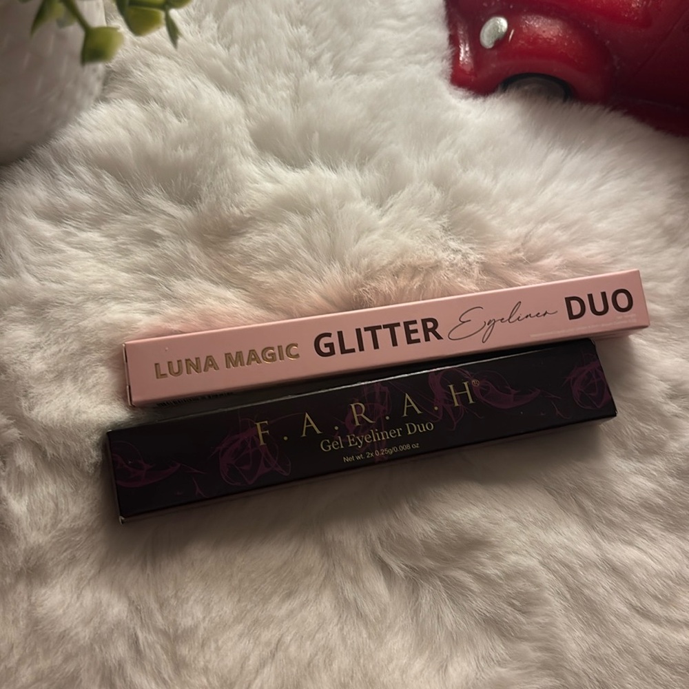 Two eyeliner duos. Luna Magic Glitter Eyeliner Duo. FARAH Gel Eyeliner Duo